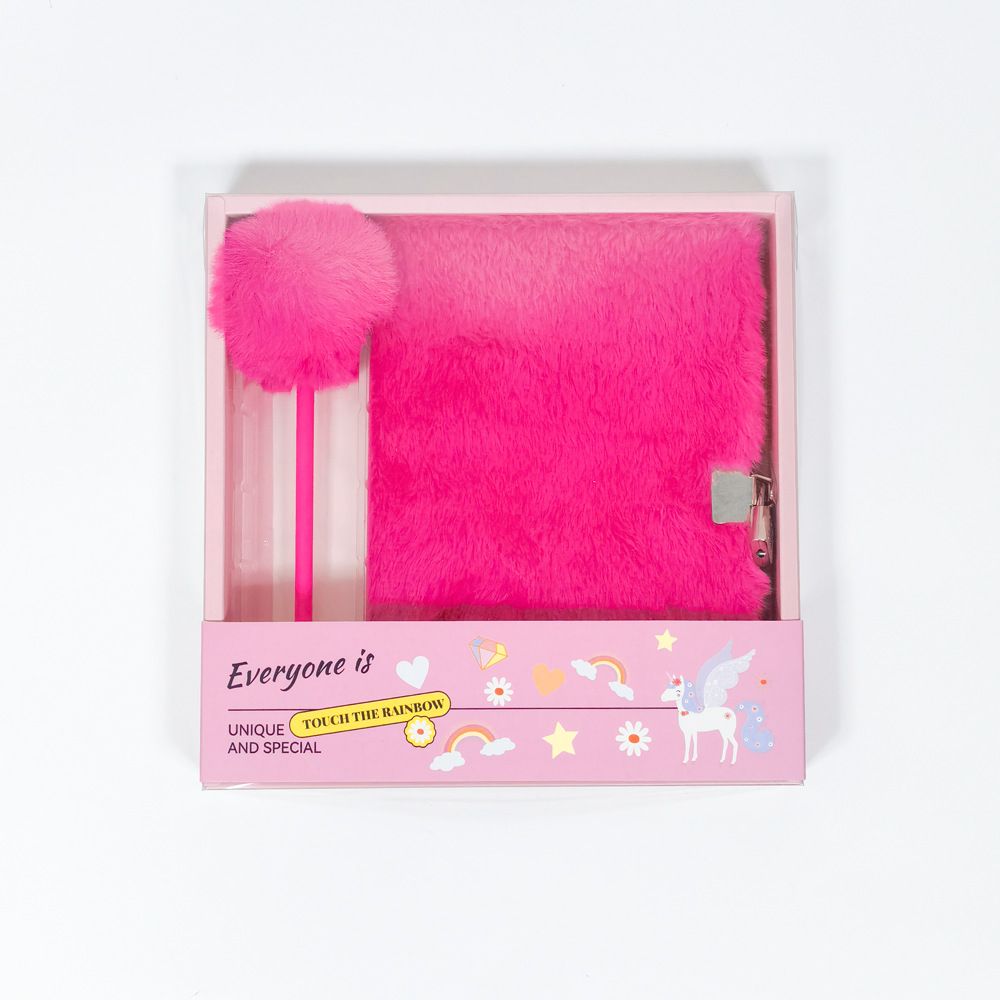 Rose Red Plush A5 Notebook and Pom Pom Pen Gift Box with Privacy Lock & Key - Soft Faux Fur Diary, Secure Personal Journal, Perfect Gift-Ready Stationery for Kids and Teens