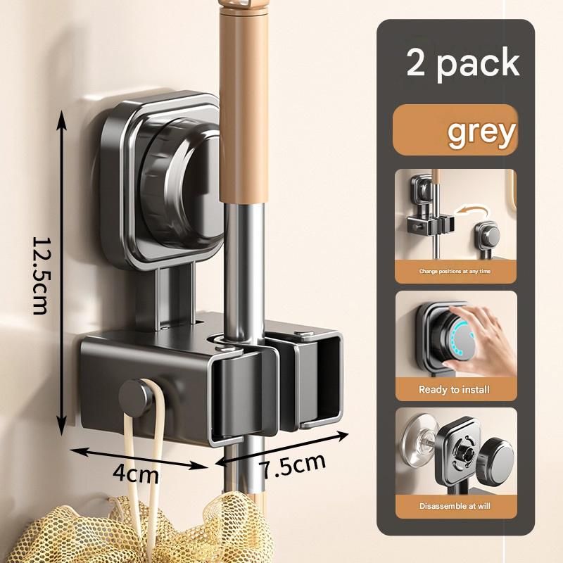 2 pack Grey Suction Cup Mop and Broom Holder Wall Mount - No Drill Adhesive Hook for Bathroom, Kitchen and Laundry, Strong Hold Reusable Storage Organiser for Cleaning Tools