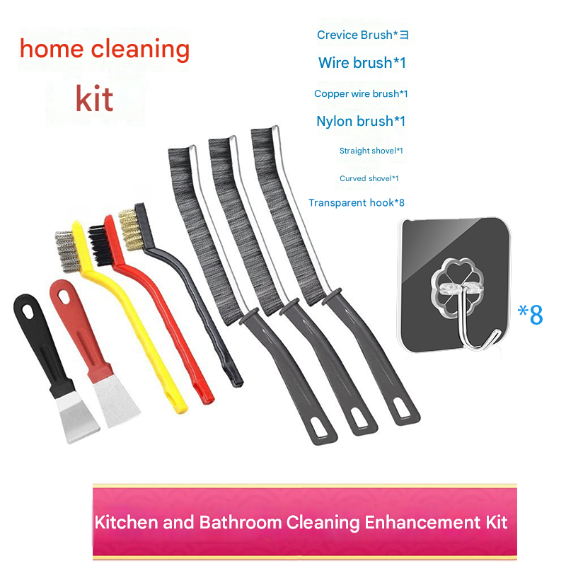 8-Piece   Cleaning Brush Set（Includes 8 transparent hooks） - Stainless Steel Scraper, Brass, Carbon Steel and Nylon Bristles - Multi-Purpose Scrubber for Kitchen Stove, Bathroom Tiles and Grout - Space Saving Design