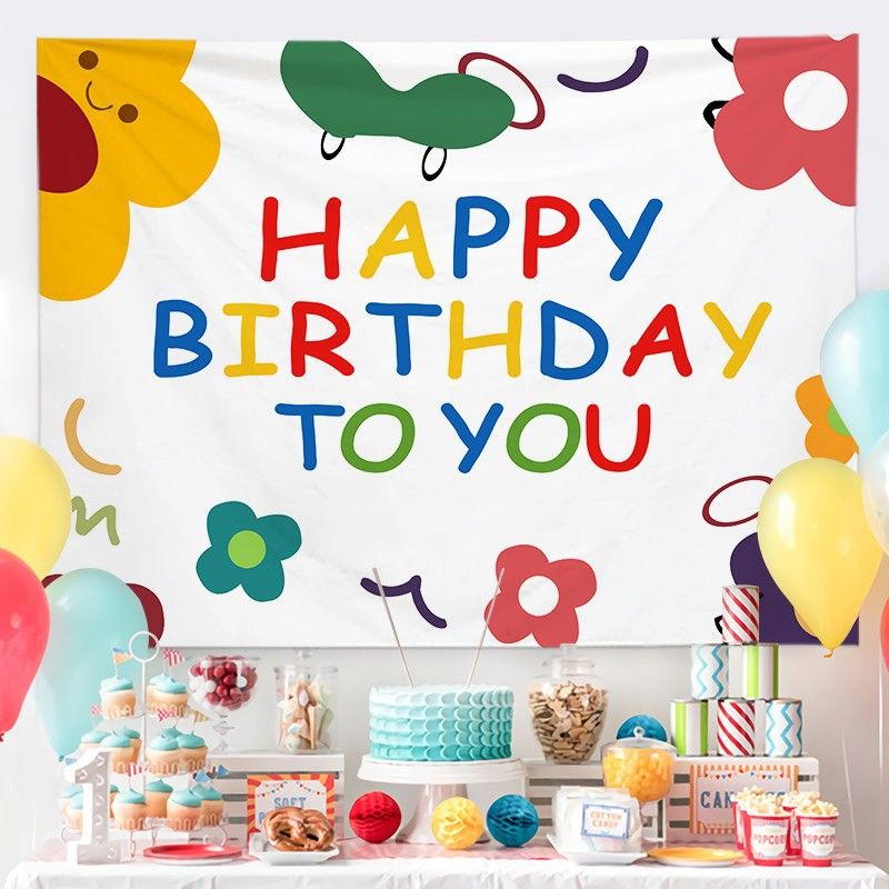 Cartoon Birthday Wall Tapestry Banner（Floral Style） - Colourful Happy Birthday Backdrop Hanging Cloth with Installation Accessories for Kids Party Bedroom Dorm Room Decoration