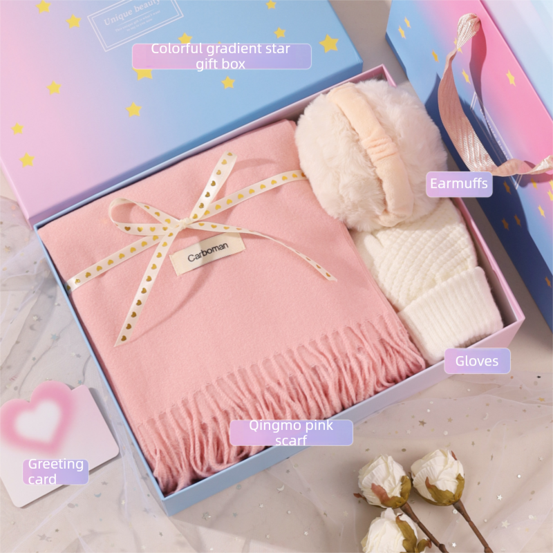 Pink and White Winter Scarf Gift Box Set for Women （Earmuffs, Gloves, and Scarf 3-Piece Set）- Soft Warm Scarf with Luxury Gift Packaging Birthday Present for Girlfriend Wife Daughter