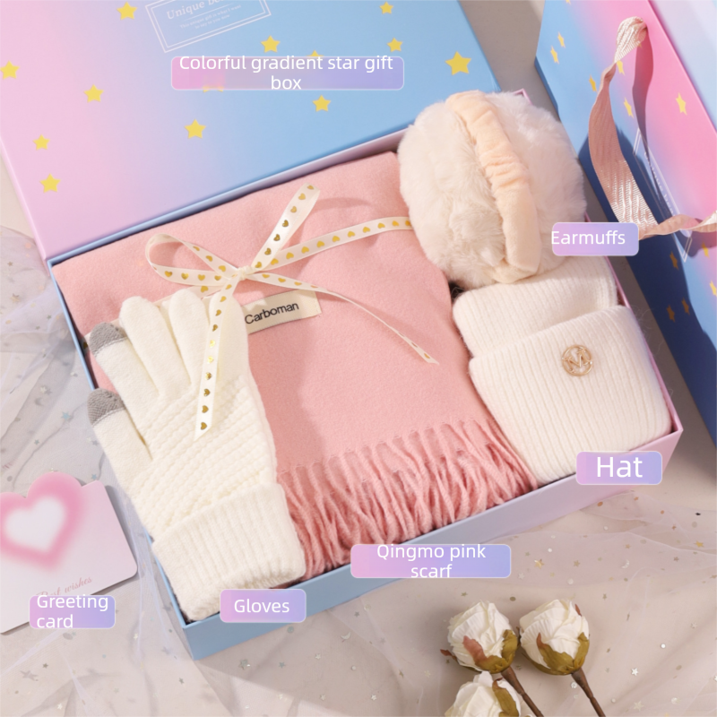 Pink and White Winter Scarf Gift Box Set for Women （4-Piece Set: Earmuffs, Hat, Gloves, and Scarf）- Soft Warm Scarf with Luxury Gift Packaging Birthday Present for Girlfriend Wife Daughter