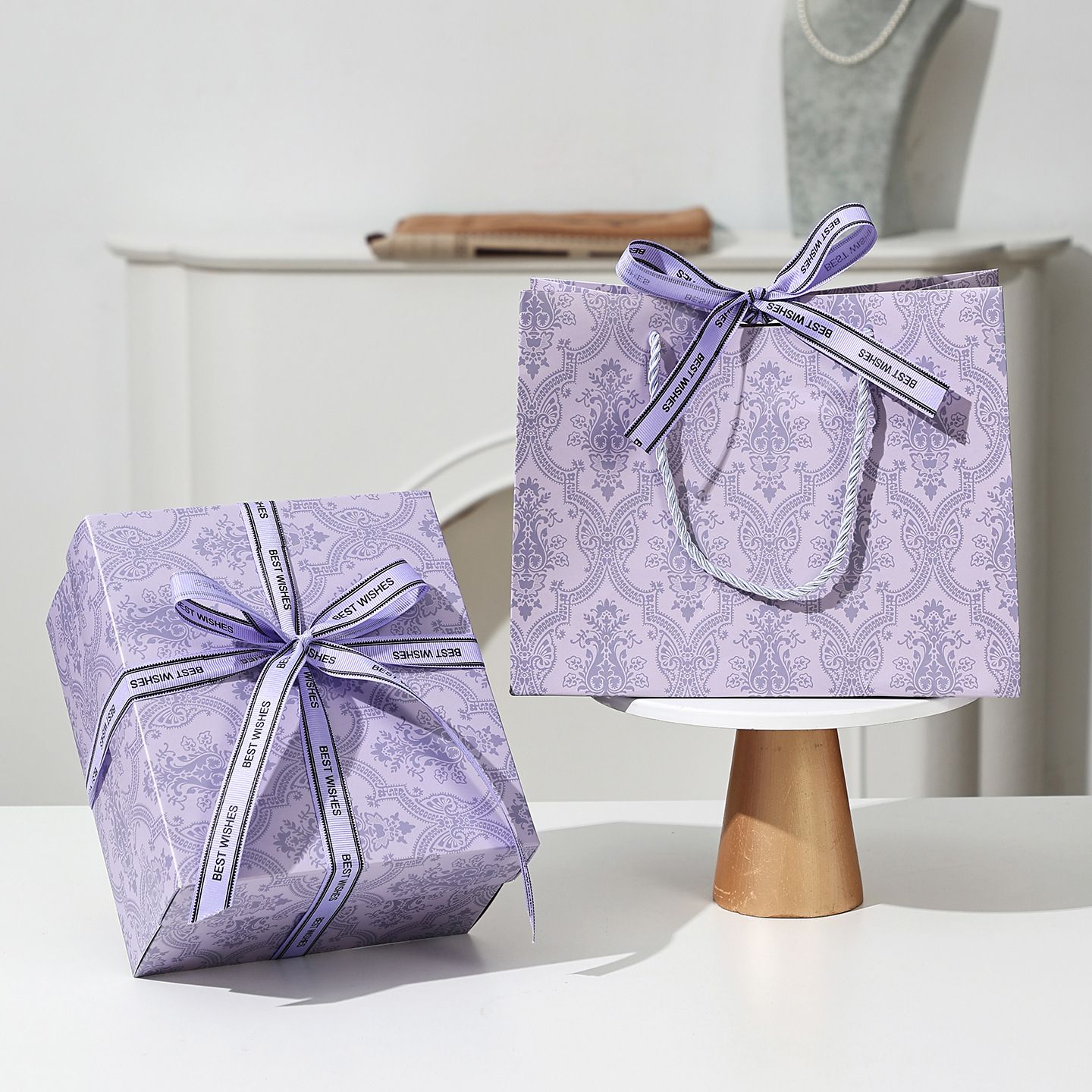 3 piece medium size Purple Gift Box Set with Gift Bag & Raffia Fill - Premium Empty Present Packaging Box for Birthdays Weddings Baby Showers and Special Occasions