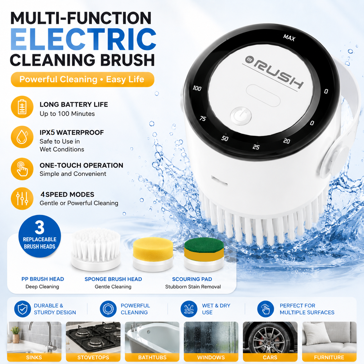 4-piece White Electric Spin Scrubber Cordless Cleaning Brush（Includes three types of brush heads） for Kitchen Bathroom Tiles and Household Surfaces