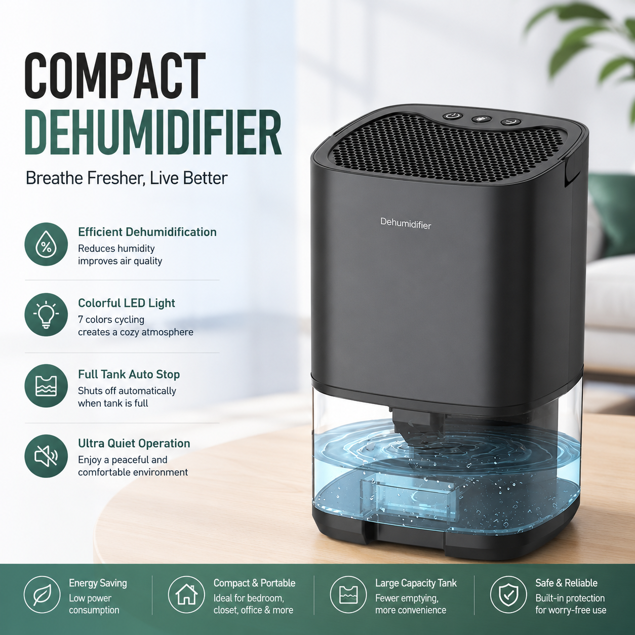 Black Mini Quiet Dehumidifier for Bedroom - 1000ml Water Tank Portable Home Moisture Absorber with Air Purification Filter, RGB Night Light and Auto Shut-Off
