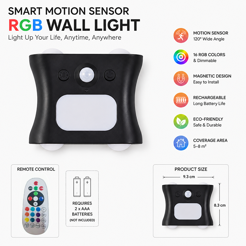 Black  Motion Sensor Wall Light, Rechargeable Magnetic LED Ambient Wall Lamp with Remote Control, 16 Colors & 3 Color Temperatures, Wireless Indoor Night Light for Bedroom Hallway Living Room