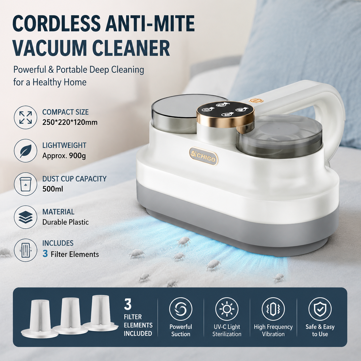 White Handheld Cordless Dust Mite Vacuum Cleaner Includes 3 filter cartridges LED Sanitizing Mattress Cleaner Dual Cup Separation Strong Suction 9000Pa Anti Allergen Home Winter Deep Cleaning Clean Portable