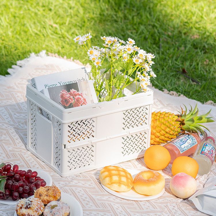 White Foldable Storage Basket with Handles - Portable Multi Purpose Desktop Organiser Crate for Snacks, Kitchen Storage, Books and Household Essentials