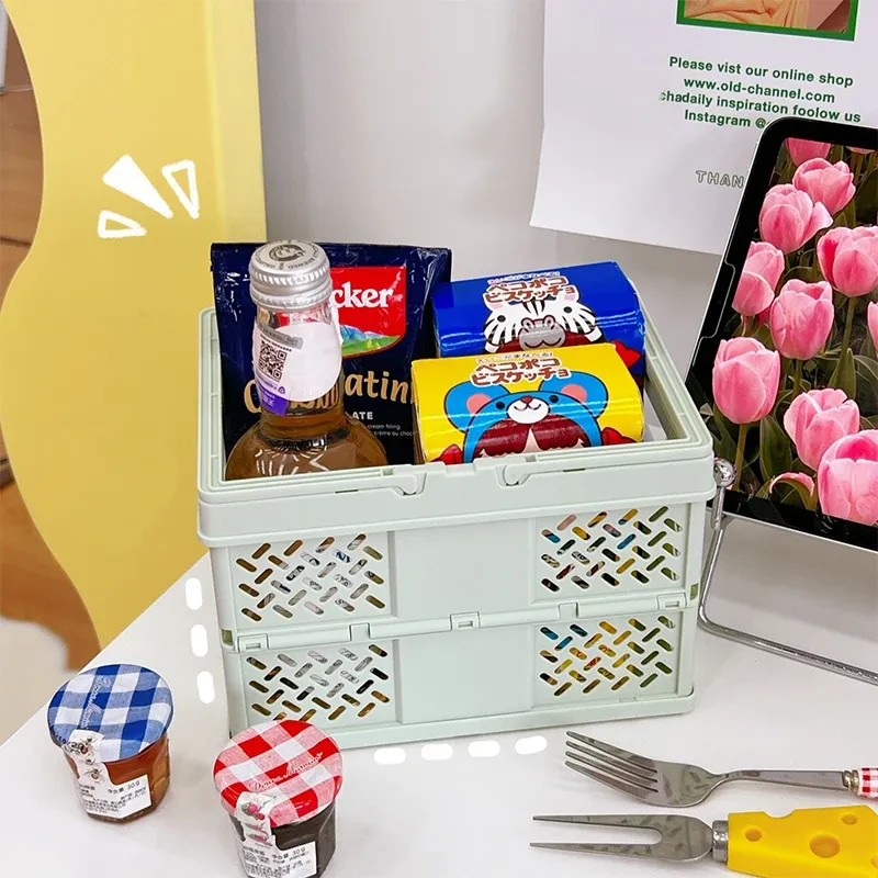 Green Foldable Storage Basket with Handles - Portable Multi Purpose Desktop Organiser Crate for Snacks, Kitchen Storage, Books and Household Essentials