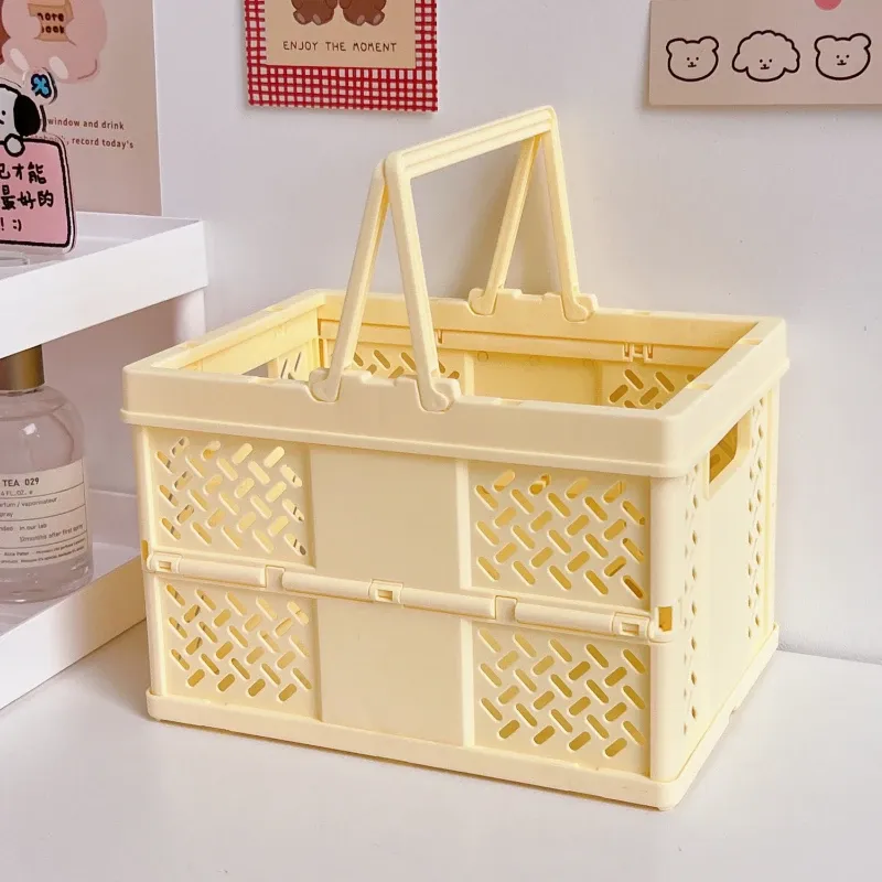 Yellow Foldable Storage Basket with Handles - Portable Multi Purpose Desktop Organiser Crate for Snacks, Kitchen Storage, Books and Household Essentials