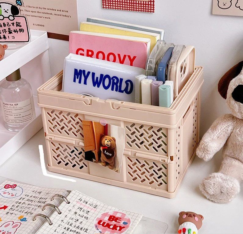 Brown Foldable Storage Basket with Handles - Portable Multi Purpose Desktop Organiser Crate for Snacks, Kitchen Storage, Books and Household Essentials