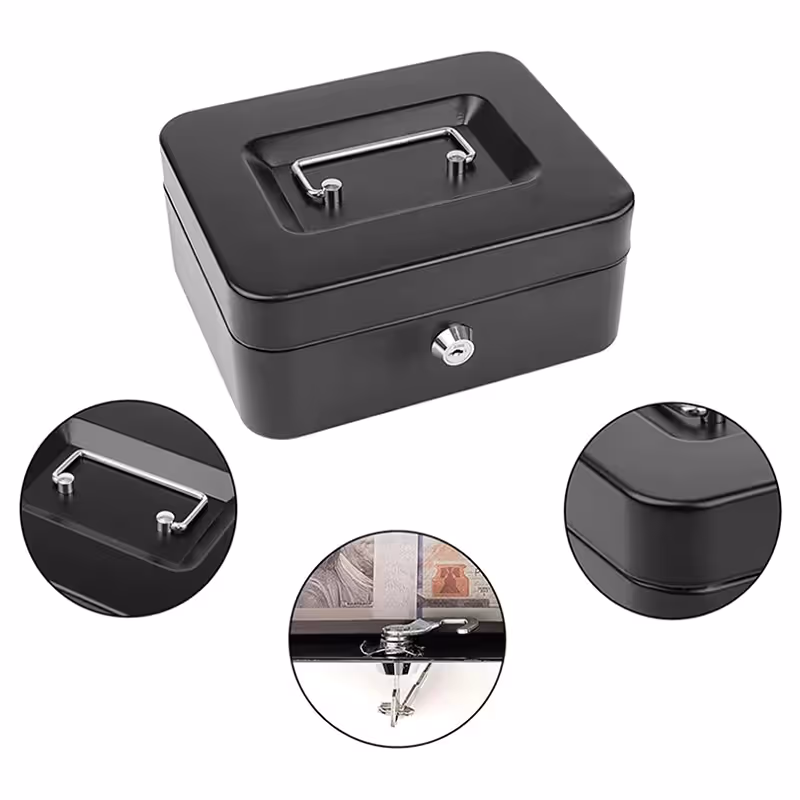 Black Handheld Cash Box Lockable Money Storage Box with Removable Cash Tray Portable Metal Money Safe with Keys 200x160x90mm