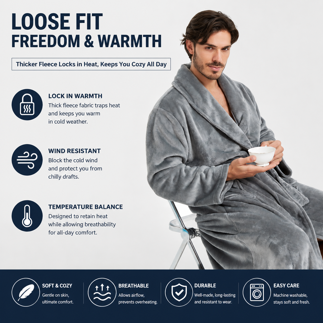 Men's Flannel Bathrobe Grey L Size - Soft Coral Fleece Hooded Kimono Collar Dressing Gown Loose Fit Warm Comfortable Loungewear Home Spa Easy Care Machine Washable