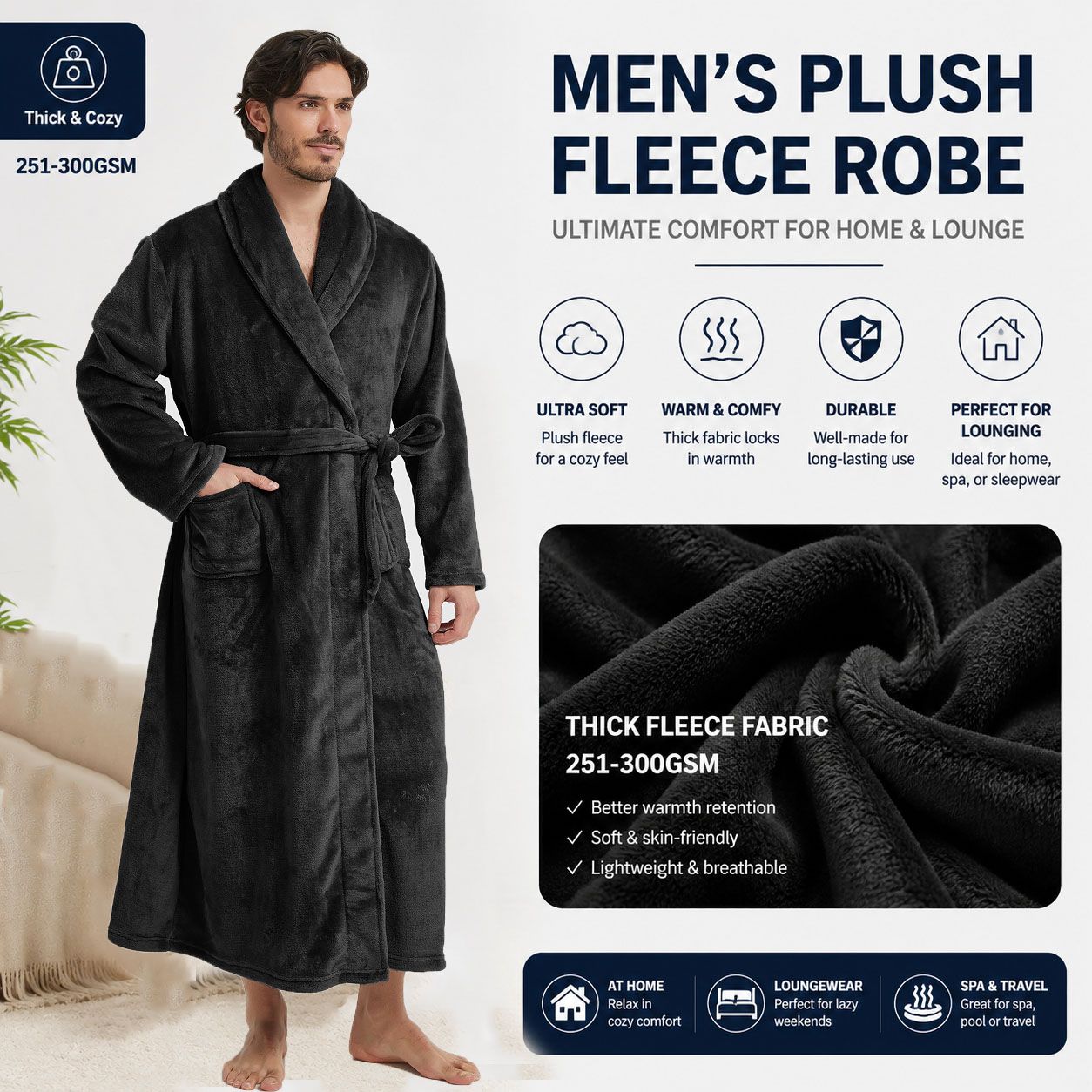 Men's Flannel Bathrobe Black XL Size - Soft Coral Fleece Hooded Kimono Collar Dressing Gown Loose Fit Warm Comfortable Loungewear Home Spa Easy Care Machine Washable